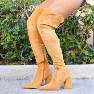 Women's Tan Over The Knee‎ pointed Chunky Block Heel Boots